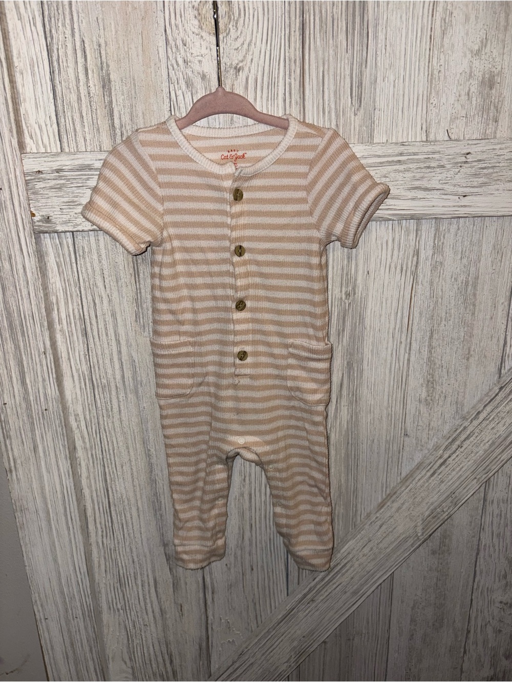Cat & Jack Cream and White Striped Short-Sleeve Romper